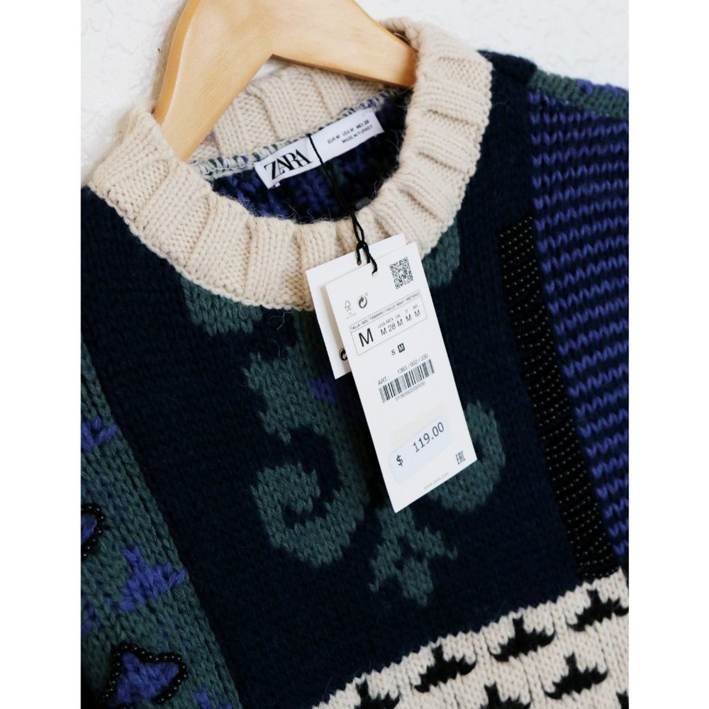 NEW Zara Patchwork Wool Blend Beaded Applique Oversize Limited Edition Sweater M - Picture 16 of 16